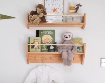 Kids Room Shelf with Hooks, Montessori Baby, Nursery Shelves, Kids Room Decor, Baby Room Decoration, Nursery Decor, Montessori Toddler