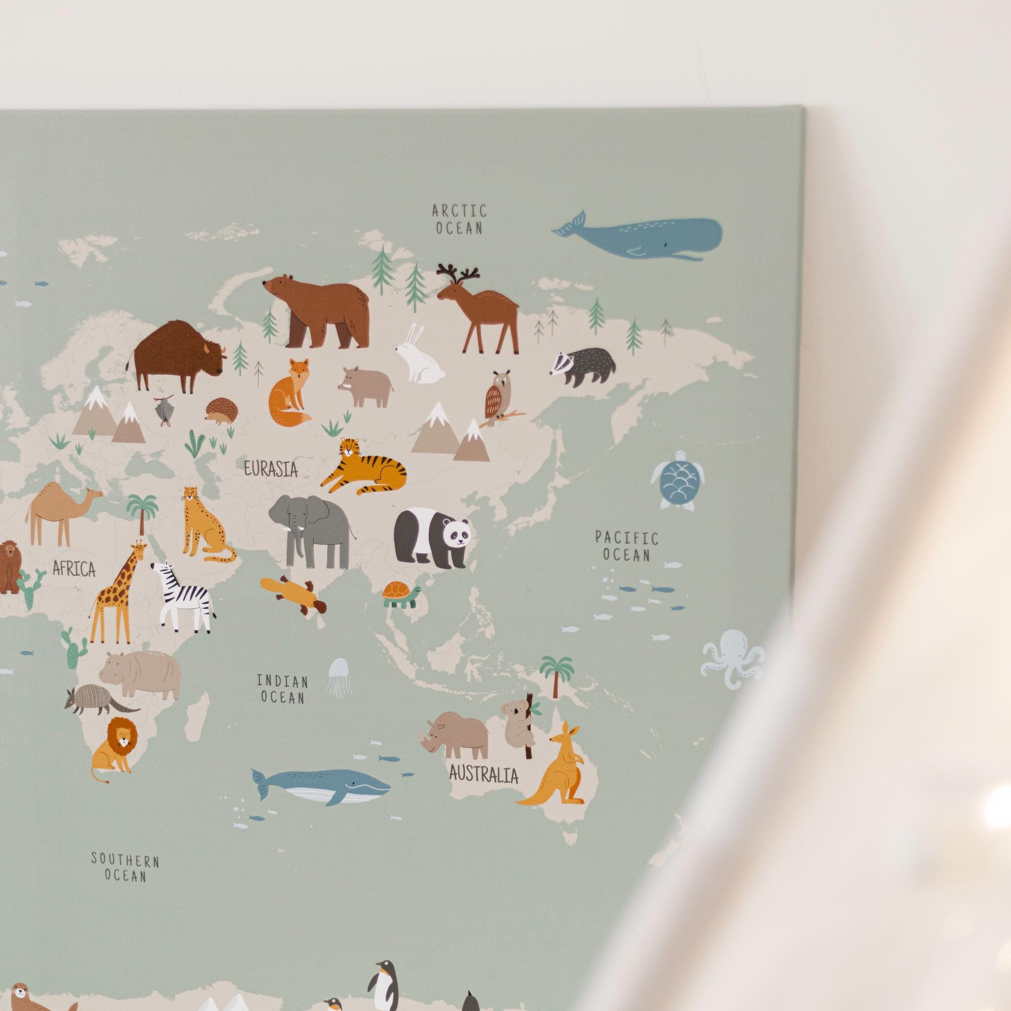 Safari Animal World Map Wall Art – Jungle Nursery Decor, Kids Room ...