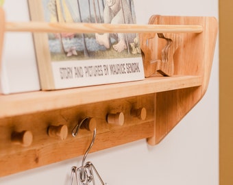 Nursery Bookshelf Wall Decor, Shelves for Kids Room, Hanging Shelf with Hooks, Nursery Bookcase, Montessori Furniture, Childuniverse