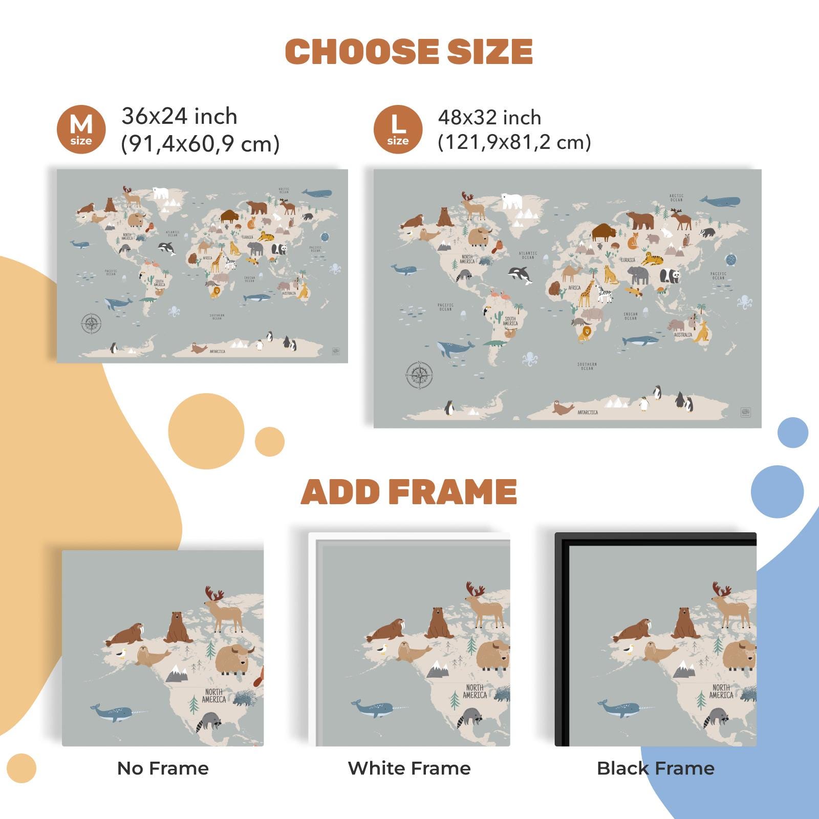 Canvas World Map Animal Themed Kid Wall Art Nursery Decor Kids Room ...