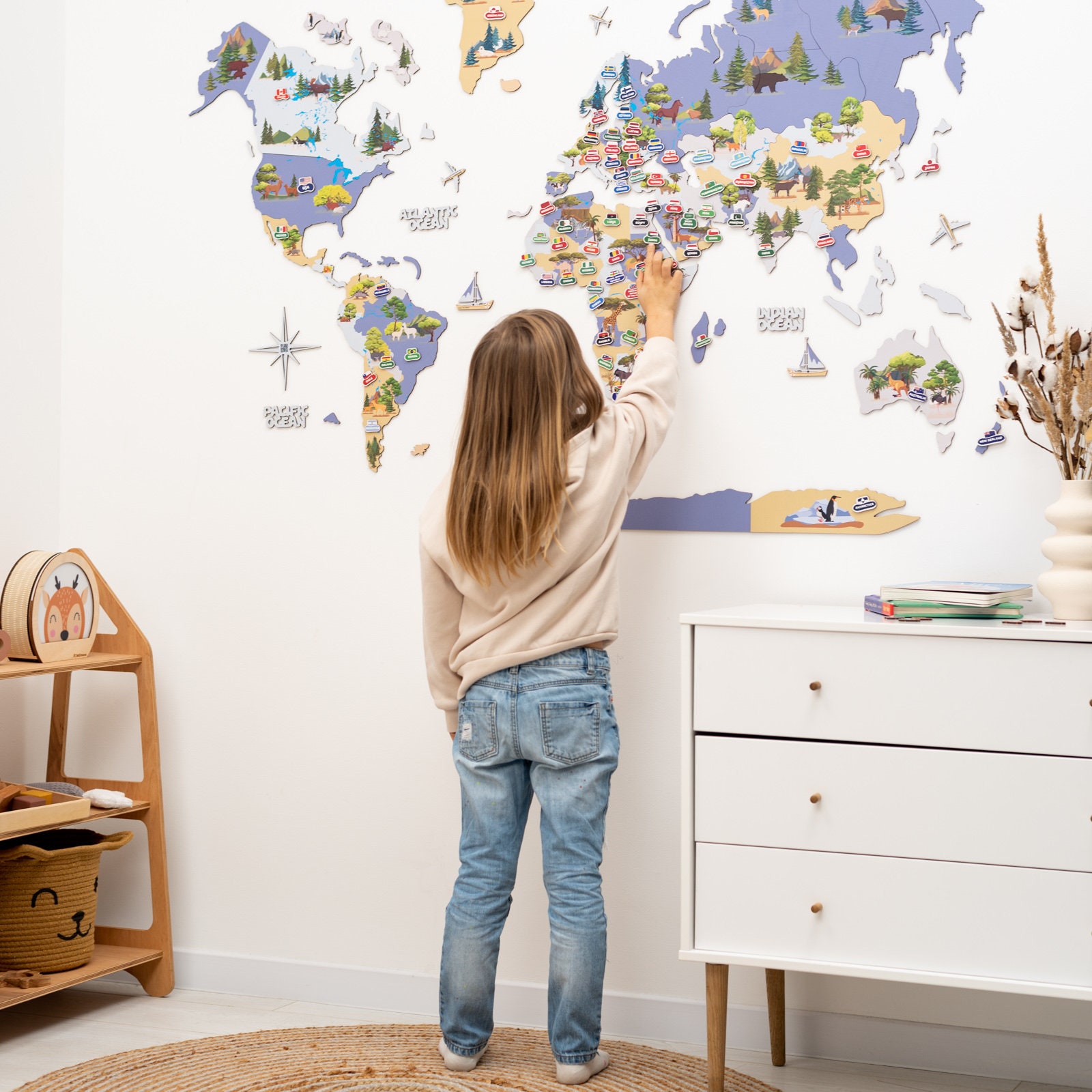Kids World Map, Travel Wall Map, Toddler Wall Decor Animal, Nursery Map ...