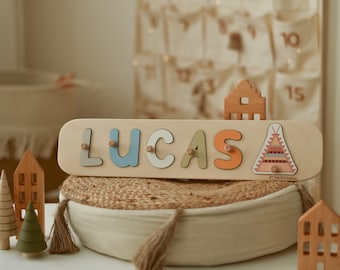 Personalisierte Namen Puzzle mit Zapfen, Holz Montessori Spielzeug, Baby Geschenk für Jungen, Baby Mädchen Geschenk, individuelles Geschenk für Kinder, Kinderzimmer Dekor, Geburtstagskind