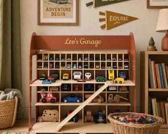 Wooden Toy Car Storage Garage, Personalized Toddler Organizer, Boys Birthday Gift