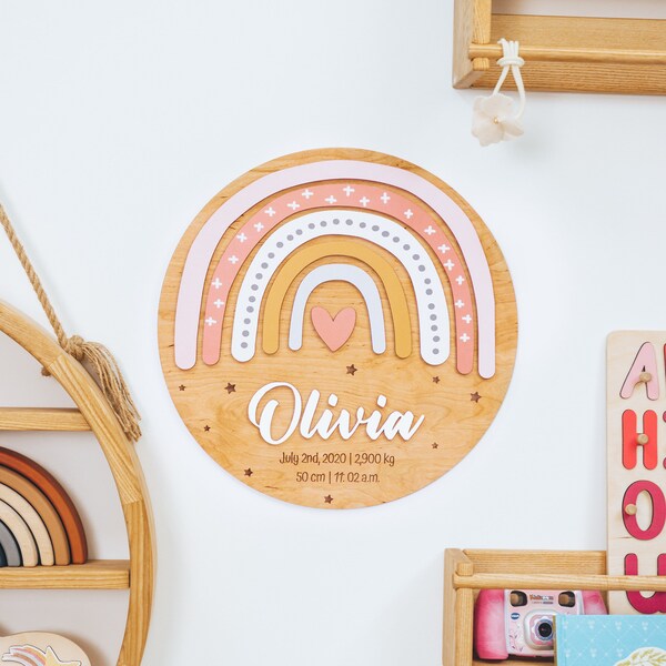 Baby Name Sign, Rainbow Wall Art Decor Above Crib, Personalized Baby Girl Gift, Wood Round Name Sign, Baby Name Plaque for Nursery Room