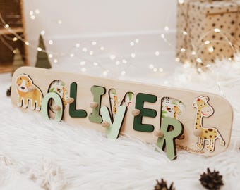 Safari Animals Name Puzzle for Toddler Girl, Montessori Toys, Wooden Toys,  Personalized Baby Gift, 1st Birthday Gift, Jungle Baby Shower