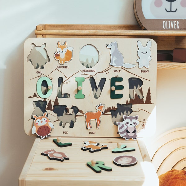 Naam Puzzle Board, Forest Animal Puzzle, Baby Gift Gepersonaliseerd, Peuterspeelgoed 1, 2, 3 jaar oud, Verjaardagscadeau voor kinderen, Woodland Nursery