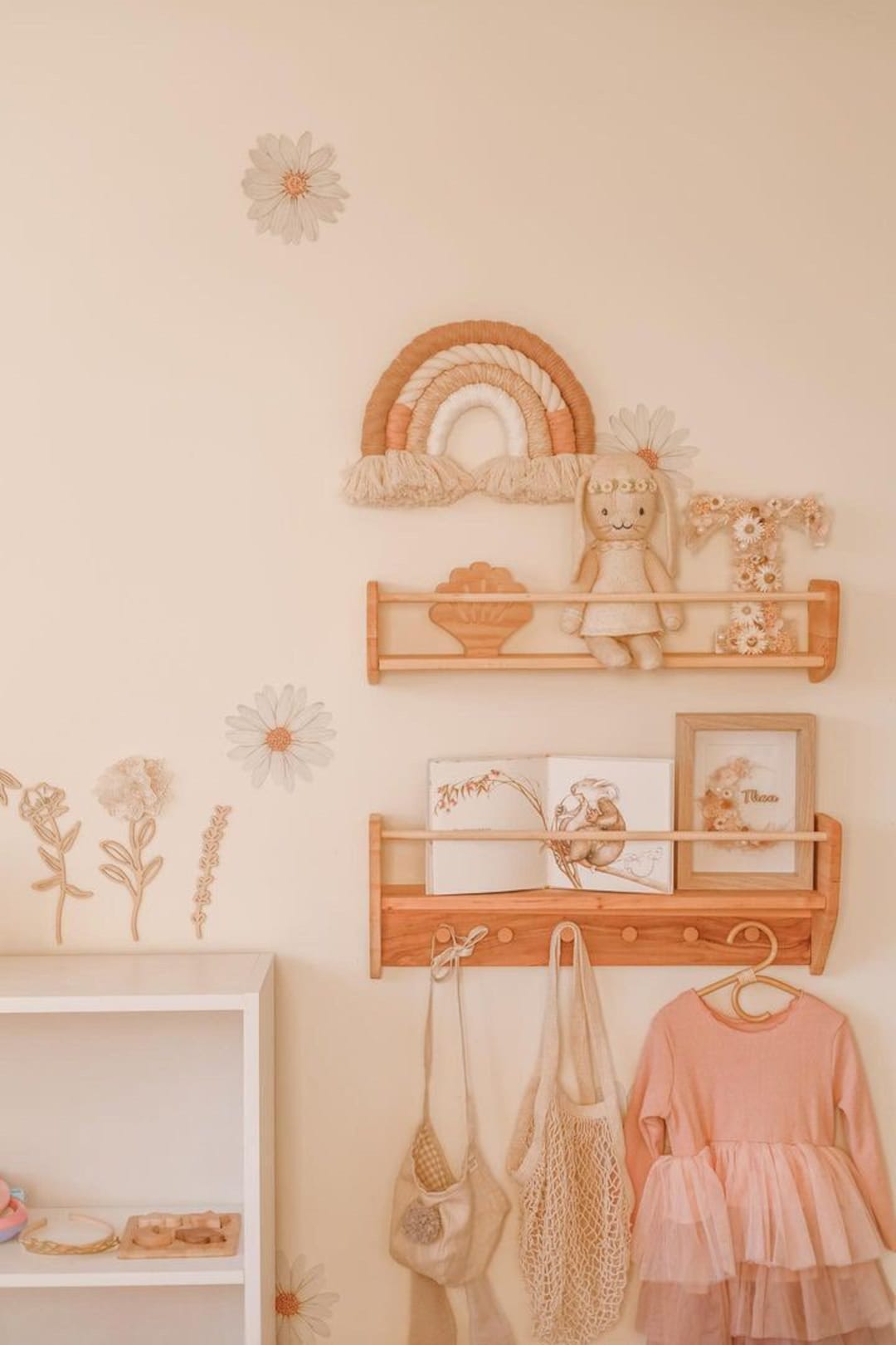 Nursery Bookshelf Wall Decor, Shelves for Kids Room, Hanging Shelf With Hooks, Nursery Bookcase