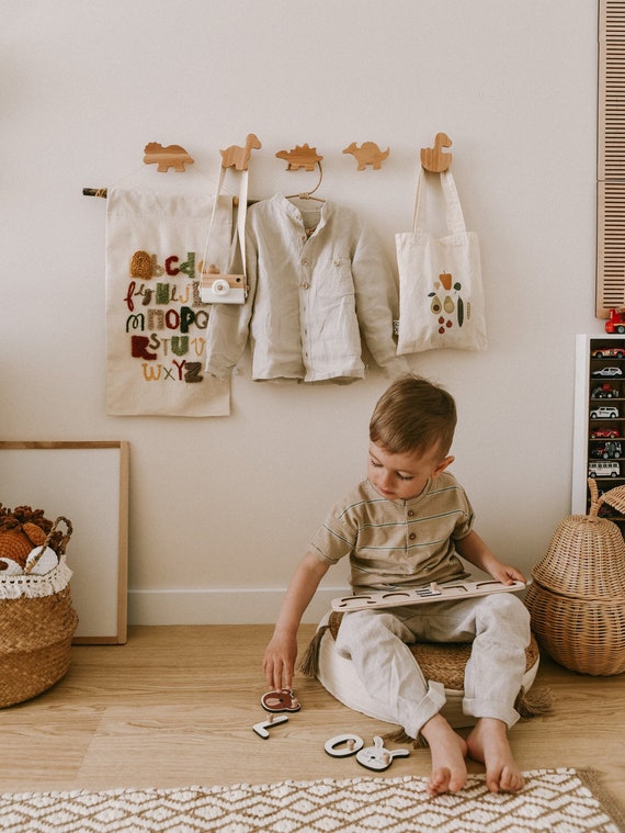 Nursery Wall Hangers Dino Theme, Wooden Wall Hooks for Boys Room