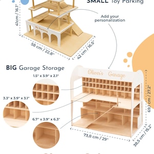 K&ouml;nnte beinhalten: Optionen f&uuml;r Parkh&auml;user und Aufbewahrungseinheiten aus Holz f&uuml;r Spielzeug. Das kleine Parkhaus ist 41 cm hoch, 58 cm breit und 42 cm tief. Die gro&szlig;e Garagenaufbewahrungseinheit ist 69,1 cm hoch, 73,8 cm breit und 38,5 cm tief. W&auml;hlen Sie aus Holzbeize, Natur, dunklem Walnuss, Wei&szlig;, Grau, Rosa oder Gr&uuml;n.