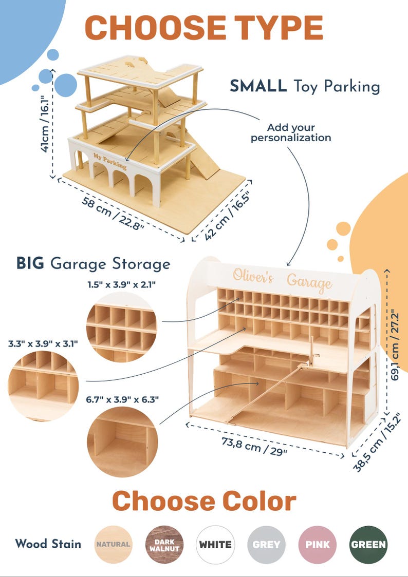 K&ouml;nnte beinhalten: Optionen f&uuml;r Parkh&auml;user und Aufbewahrungseinheiten aus Holz f&uuml;r Spielzeug. Das kleine Parkhaus ist 41 cm hoch, 58 cm breit und 42 cm tief. Die gro&szlig;e Garagenaufbewahrungseinheit ist 69,1 cm hoch, 73,8 cm breit und 38,5 cm tief. W&auml;hlen Sie aus Holzbeize, Natur, dunklem Walnuss, Wei&szlig;, Grau, Rosa oder Gr&uuml;n.