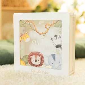 Safari Jungle Geld-Spardose, Spardose Safari, Spardose mit Safari, Geburtstagsgeschenke, personalisierte Baby-Spardose Bank, Safari-Sparschwein