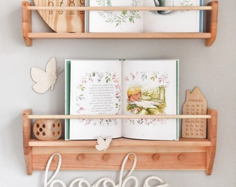 Nursery Wall Decor, Montessori Furniture, Toy and Book Wall Storage, Nursery Wall Shelf, Kids Shelf with Hooks, Nursery Decor