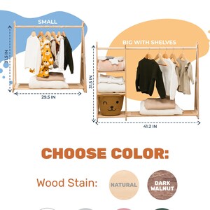 May include: A wooden clothing rack with two different sizes. The smaller rack is 29.5 inches wide and 31.5 inches tall. The larger rack is 41.2 inches wide and 31.5 inches tall. The larger rack has two shelves. The rack is available in natural, dark walnut, white, grey, pink, and green.