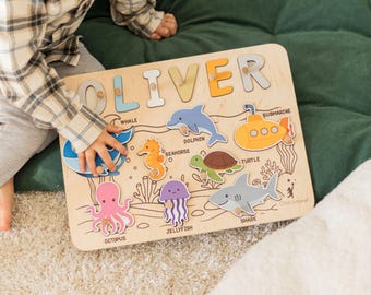 Ocean Puzzle Board, Gift for Kids, Toddlers Unique Gift, Personalized Baby Gift, Personalized Safari Puzzle Board, Montessori Toys