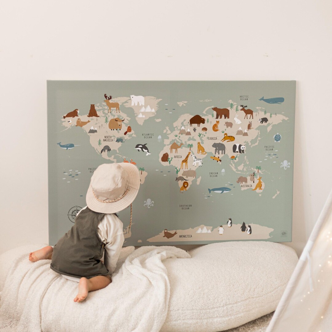 Canvas World Map Animal Themed Kid Wall Art Nursery Decor Kids Room ...