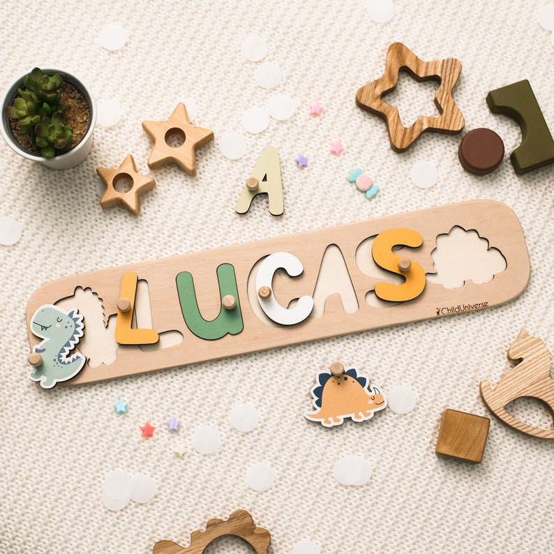 Dinosaur Nursery, Baby Name Puzzle, Wooden Montessori Toys for Toddlers, 1st Birthday Baby Boy Gift, Baby Shower Gift, Personalized Gifts image 1