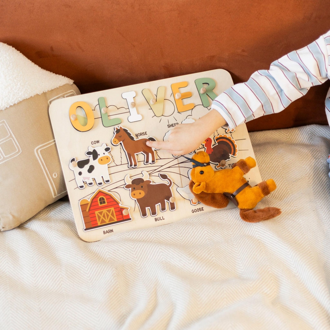 Montessori Farm Animals Puzzle Board, Wooden Toddler Toy, Personalized ...
