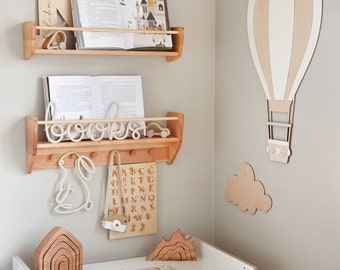 Toy and Book Wall Storage, Nursery Wall Shelf, Montessori Shelf On The Wall, Kids Shelf with Hooks, Nursery Decor, Nursery Wall Shelf