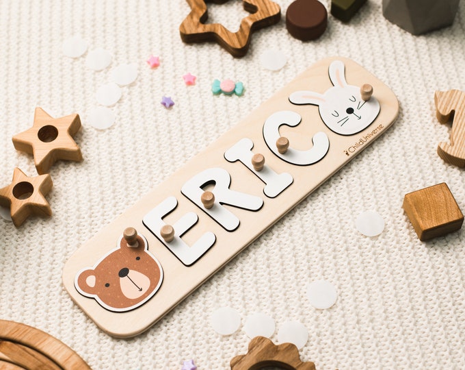 Personalized Name Puzzle With Animals, Wood Montessori Toys, Baby Gift, Custom Gift for Kids, 1st Birthday, Woodland Name Puzzle