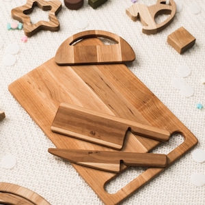 Cutting Board and Safe Wooden Knife for Kids, Toddler Utensil Montessori Toy, Child Chopping board, Cutting Set, Birthday Gift for Kids