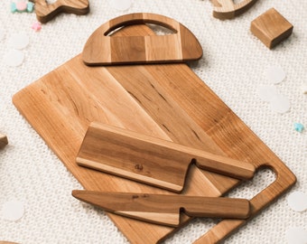 Schneidebrett und sichere Holzmesser für Kinder, Kleinkind Utensil Montessori Spielzeug, Kinder Schneidebrett, Schneideset, Geburtstagsgeschenk für Kinder