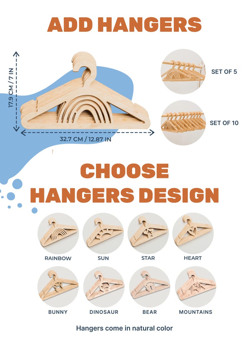Puede incluir: Perchas de madera con diferentes dise&ntilde;os, incluyendo arco&iacute;ris, sol, estrella, coraz&oacute;n, conejo, dinosaurio, oso y monta&ntilde;as. Las perchas miden 17,9 cm de alto y 32,7 cm de ancho. Conjuntos de 5 y 10 perchas est&aacute;n disponibles.