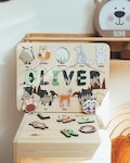 Name Puzzle Board, Forest Animal Puzzle, Baby Gift Personalized, Toddler Toys 1, 2, 3 Year Old, Birthday Gift for Kids, Woodland Nursery product logo