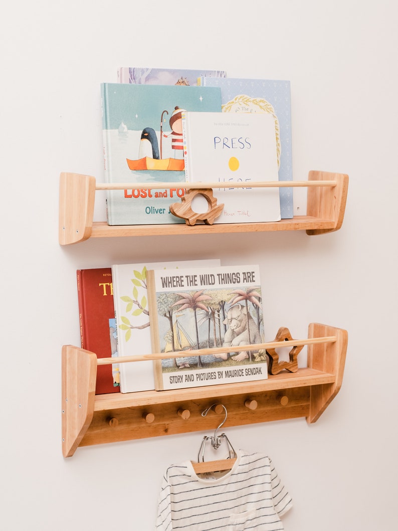 Montessori Baby & Kids Room Shelf with Hooks, Nursery Shelves, Kids Room Decor, Baby Room Decoration, Nursery Decor, Montessori Toddler zdjęcie 5