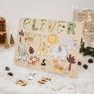 Tabuleiro de quebra-cabeça Montessori, presente personalizado para bebês, atividade sensorial, brinquedos de madeira para crianças, berçário com tema de selva, presente de aniversário para crianças