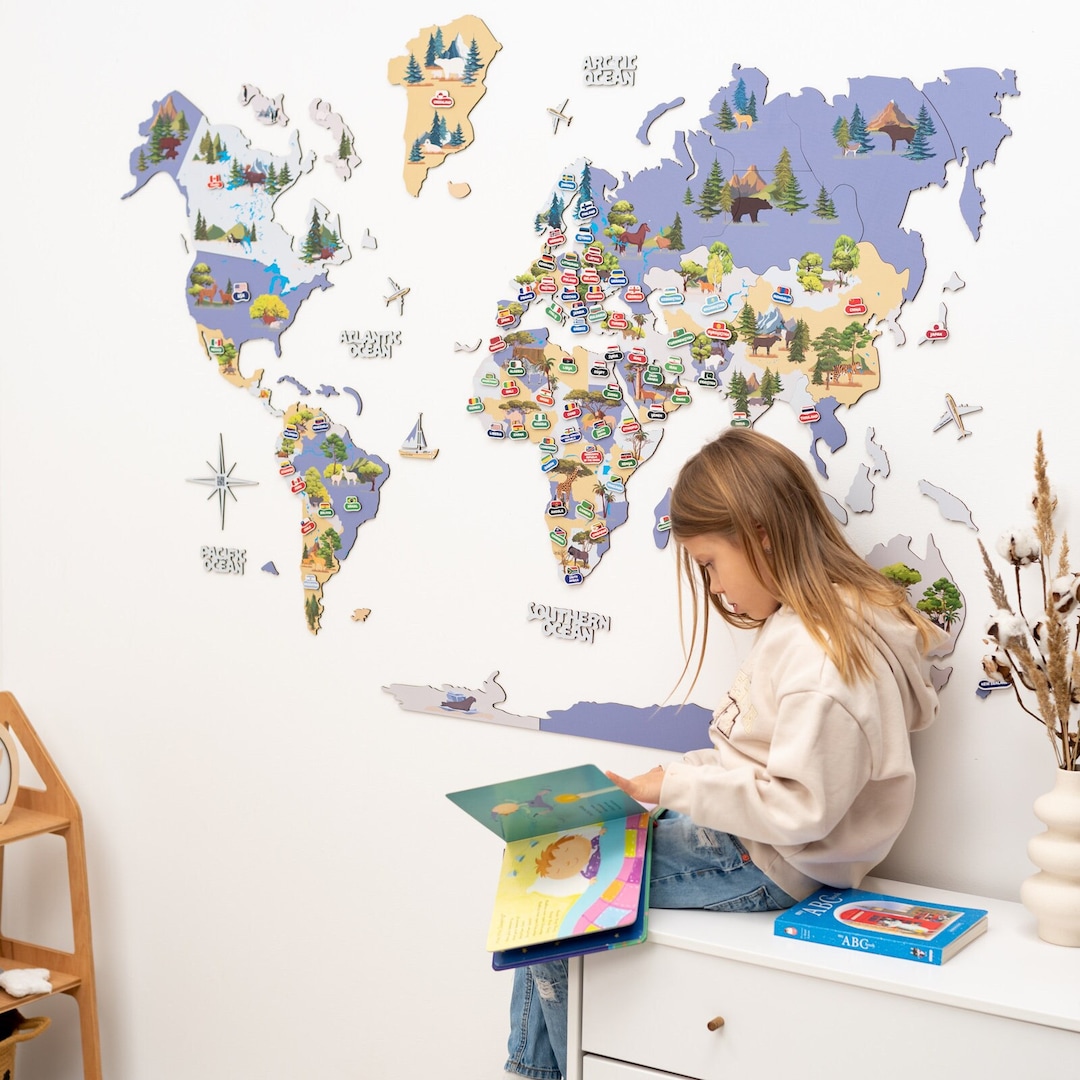Kids World Map, Nursery Decor, Interactive Wall Map for Child, Animal