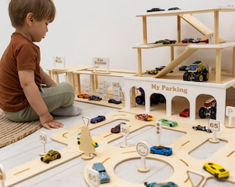 Kleinkind Jungen Holzspielzeug Auto Garage, Spielzeugautos mit Spielzeug-Autowaschanlage, Spielzeug Parkgarage Autorampe, Baby Spielzeuggarage mit Tankstelle, Geburtstagsgeschenk
