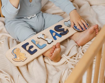 Rompecabezas de nombre de madera, regalo de baby shower, juguetes para bebés juguete de 1 año, regalo personalizado para niños pequeños, regalo de 1er cumpleaños, guardería Dino, decoración de la habitación para niños