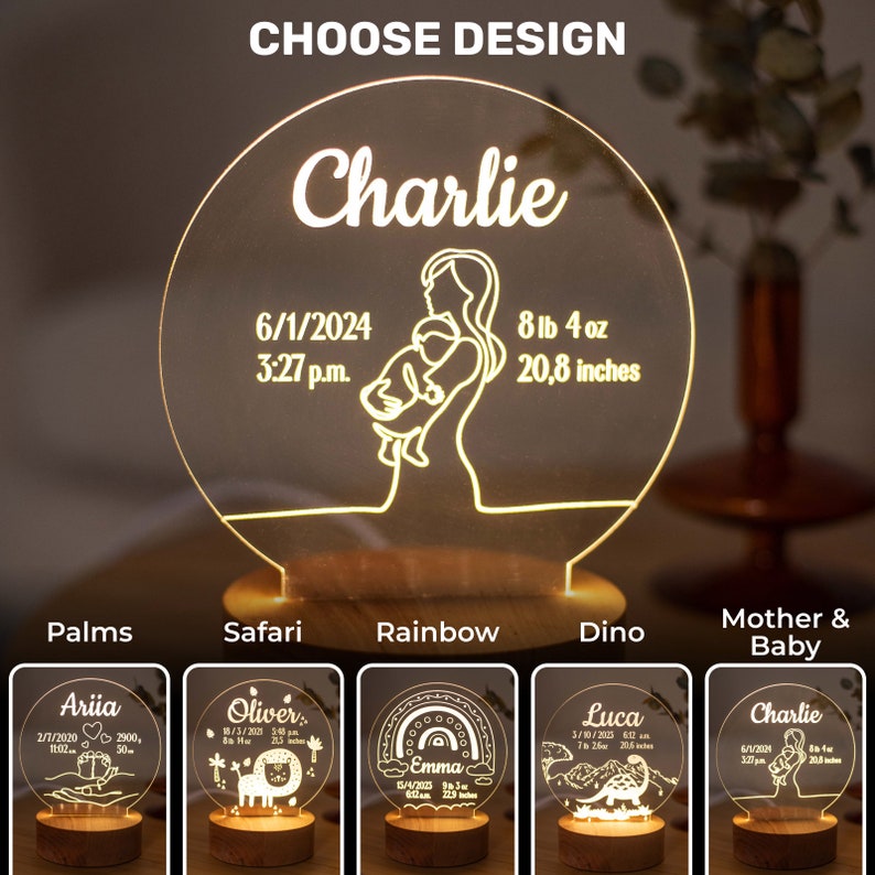 May include: A personalised night light with the name "Charlie" and birth details: date, time, weight (3.6 kg), and length (52.8 cm). The design features a mother holding a baby. Additional design options are shown below.