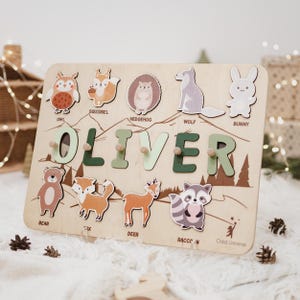 Rompecabezas de nombres para niños pequeños, regalo para el primer cumpleaños de un niño, guardería con animales del bosque, rompecabezas de nombres para niños, regalo para el segundo y tercer cumpleaños, juguetes Montessori de madera