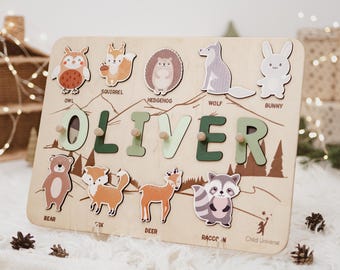 Name Puzzle for Toddler, Baby Boy 1st Birthday Gift, Woodland Animals Nursery, Kids Name Puzzle 2nd, 3rd Birthday Gift, Wood Montessori Toys