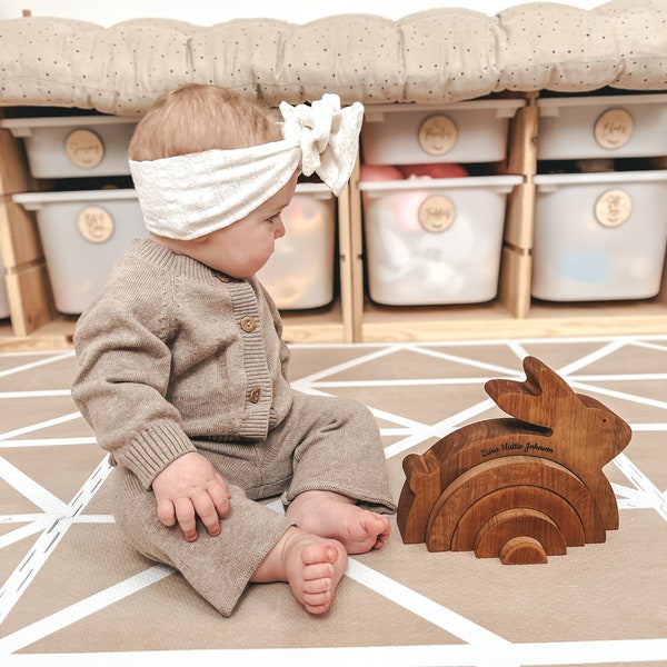 Lapin de Pâques, superposition de jouets en bois, lapin de Pâques personnalisé, jouets Montessori, jouet sensoriel de Pâques, cadeau de Pâques pour bébé