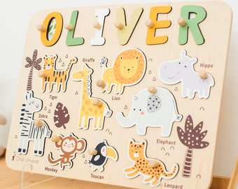 Safari kinderdagverblijf thema, Montessori speelgoed, gepersonaliseerd babycadeau, jungle dieren puzzelbord, verjaardagscadeau voor kinderen, peuters - ChildUniverse