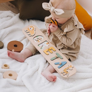 Personalized Name Puzzle for Baby, Safari Theme Nursery, Wood Toys for Toddlers, 1st Birthday Gift, Newborn Gifts for Baby Boy or Baby Girl