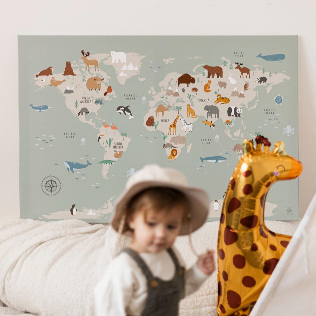 Wall Art Nursery Decor Kids Room Decor, Canvas World Map Animal Themed ...
