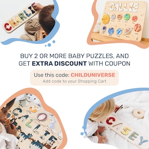 May include: Wooden name puzzles for children, featuring names like "Charlie", "Callie", and "Casey". The puzzles have colorful letters and are designed with educational themes, including planets and animals. The image also includes the text "CHILDUNIVERSE".