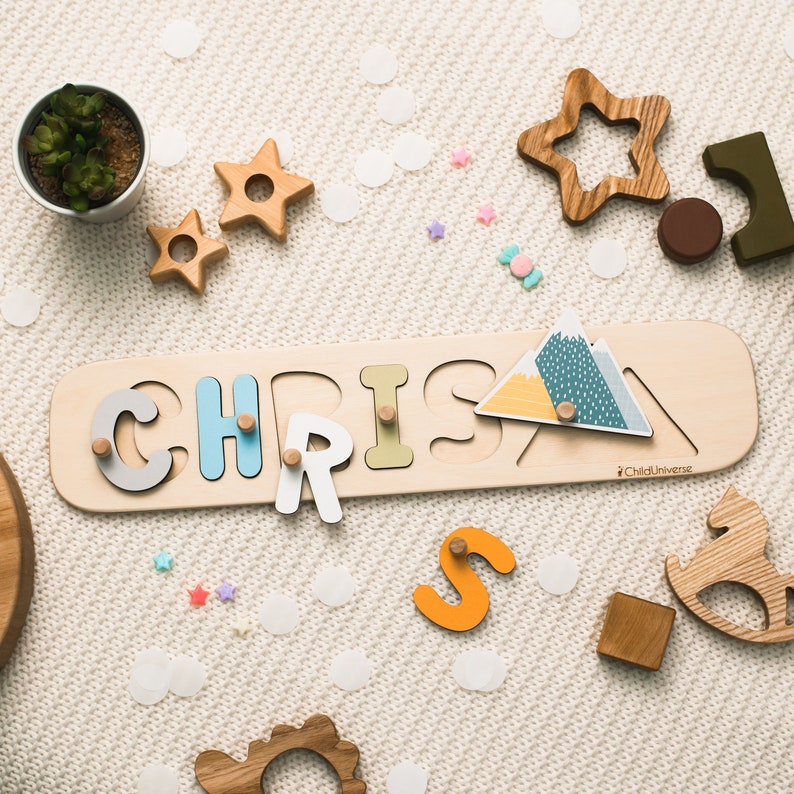 Nuovo regalo per bambini Puzzle con nome in legno per bambini Puzzle Montessori, regalo per il primo compleanno per neonati, giocattoli in legno, regali personalizzati per bambini immagine 2