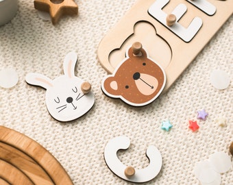 Custom Gift for Kids, Baby, 1st Birthday, Personalized Name Puzzle With Animals, Montessori Toys, Woodland Name Puzzle, First Birthday Gift