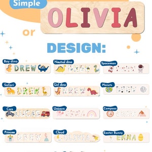 May include: Wooden name puzzle with the name "OLIVIA" in pink and red letters. The image shows various design options, including dinosaurs, spaceships, cars, unicorns, and more. The word "OPTIONS" is at the top.