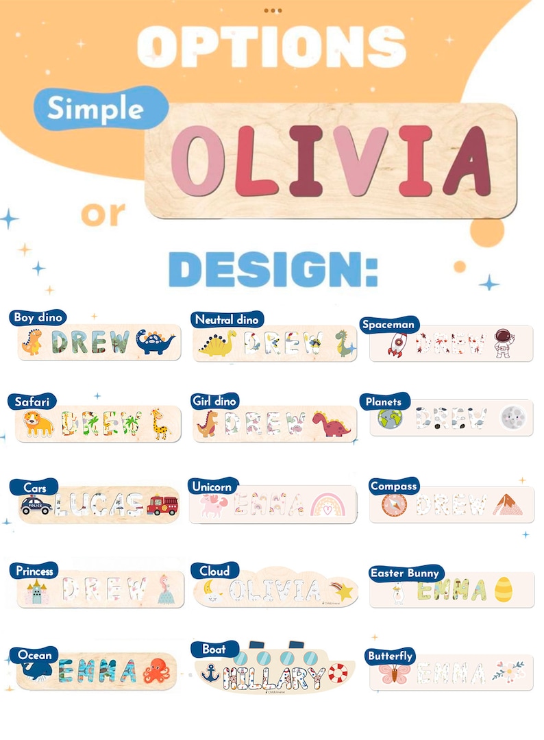 May include: Wooden name puzzle with the name "OLIVIA" in pink and red letters. The image shows various design options, including dinosaurs, spaceships, cars, unicorns, and more. The word "OPTIONS" is at the top.