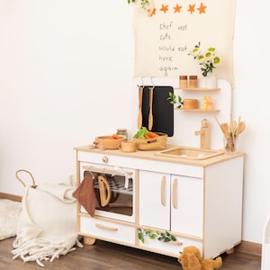 Natural Wood Baby Kitchen Toy, Eco-Friendly Toddler Play Kitchen, Wooden Pretend Cooking, Playroom Furniture, Birthday Gift for Toddler Girl