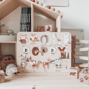 Regalo per il 1° compleanno del bambino, tema animali del bosco, puzzle con nome per bambino, giocattoli per bambini piccoli, regalo personalizzato per neonato, lavagna con giocattoli Montessori