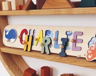 Personalized Baby Gift, 1st Birthday Gift, Safari Animals Name Puzzle for Toddler Girl, Montessori Toys, Wooden Toys
