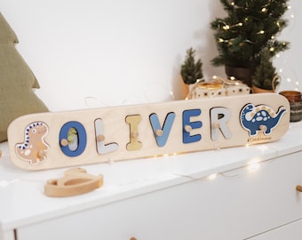 Baby Boy Name Puzzle, Personalized Gift for Baby, Dinosaur Theme Nursery, Kids Montessori Toys, Wooden Toys for Toddler, 1st Birthday Gift