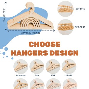 May include: Wooden hangers with different designs, including rainbow, sun, star, heart, bunny, dinosaur, bear, and mountains. The hangers are 17.9 inches tall and 12.87 inches wide. Sets of 5 and 10 hangers are available.