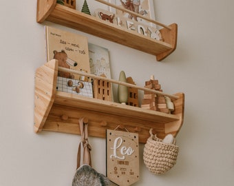 Decoración de pared de estantes de guardería, estantes de habitación para bebés y niños Montessori, estante flotante de madera con ganchos, decoración de la habitación del bebé, regalo para niños pequeños